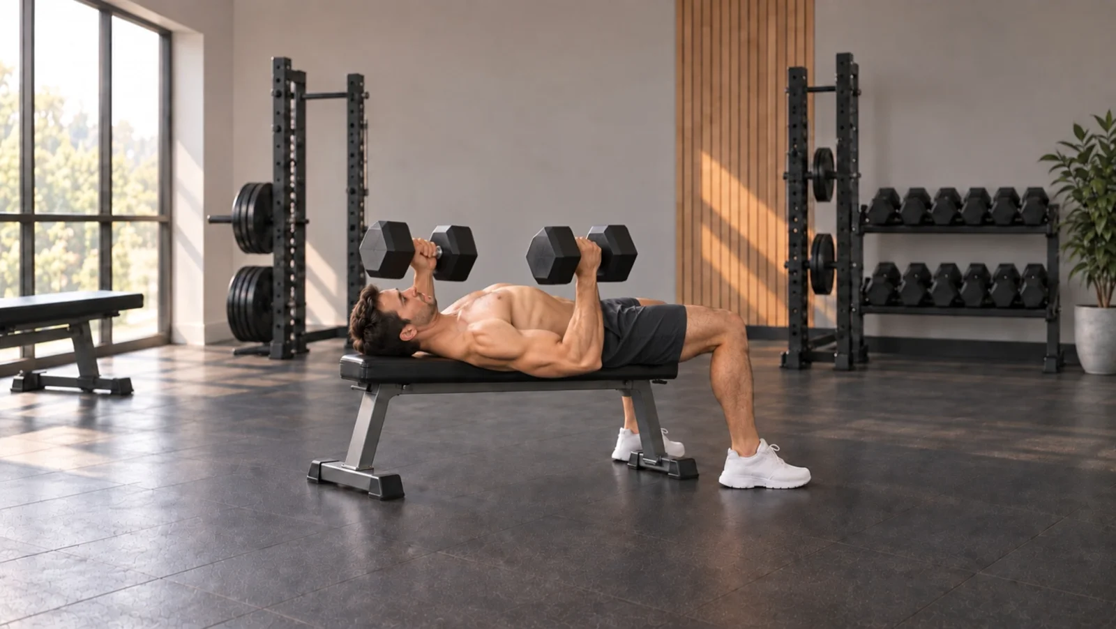 The fictional athletic character pressing heavy dumbbells