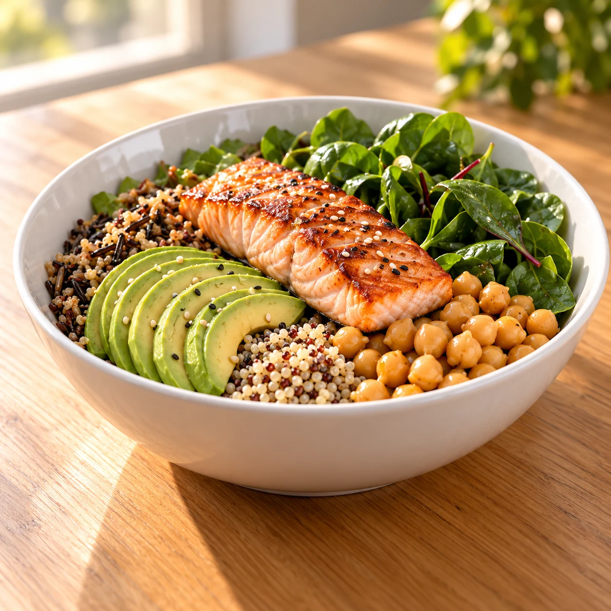 A salmon bowl with avocado, quinoa, and chickpeas