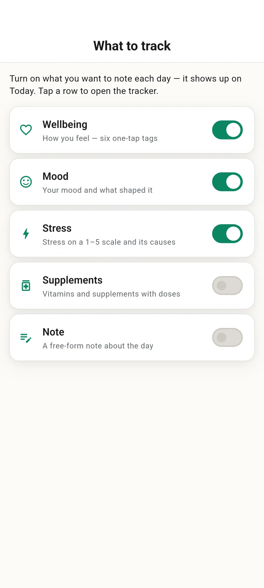 Built-in and custom habit trackers in the app