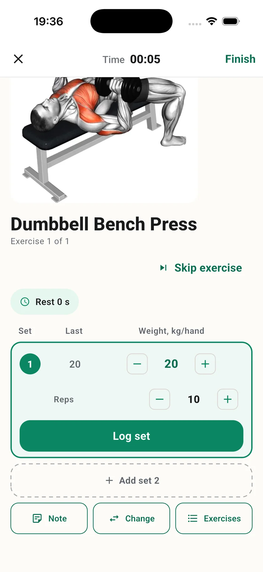 Dumbbell press demo and a weight and rep entry in the app